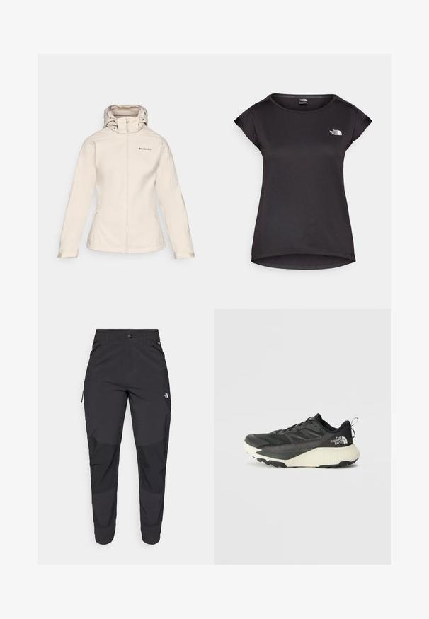 Női bézs softshell dzseki, elöl cipzárral, állítható kapucnival és két oldalsó zsebbel. Simább textúrával és diszkrét logóval rendelkezik.; The North Face TANKEN TANK - Sportfelső - black; Fekete kültéri nadrág tartós anyagból. Cipzáros zsebekkel, megerősített térdpanellel és egyenes szabással a mozgékonyságért.; Fekete sportcipő, texturált felsőrésszel, szürke kiegészítőkkel és fehér középtalppal. Húzófüllel és kiemelkedő márkalandírral a sarkán.