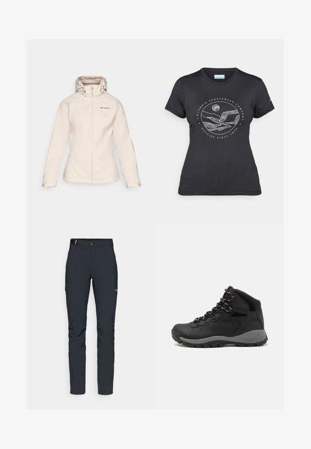 Women's beige softshell jacket with a zip front, adjustable hood, and two side pockets. Features a smooth texture and subtle branding.; Black Columbia t-shirt with white circular mountain and river line art and text "Columbia Sportswear Company Outside Since 1938."; Men's outdoor pants, dark gray, made from flexible material, featuring a belt, zippered pockets, and reinforced stitching.; Black hiking boot with a mid-top design, featuring a textured upper, gray accents, and durable rubber sole with traction lugs.