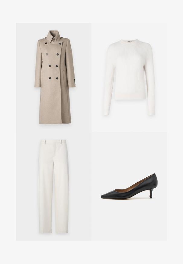 Palton bej, cu două rânduri de nasturi, dintr-un amestec de lână, având un guler înalt, nasturi negri, croială dreaptă și buzunare laterale pentru un aspect structurat.; Pulover din tricot cu o culoare crem deschis, cu nervuri, cu mâneci lungi și guler rotund. Textură moale și design ajustat, cu manșete și tiv contrastante.; Pantaloni bej deschis, realizați dintr-un material neted, cu o croială dreaptă, față plată, bucle pentru curea și buzunare laterale.; Pantofii din piele neagră cu vârful ascuțit, toc mic de tip kitten, textură netedă și un accent subtil de aur la baza tocului.