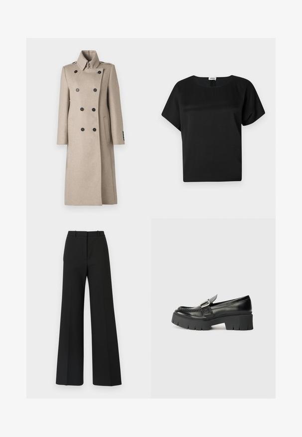 Beige dobbeltbrystet frakke i uldblanding med høj krave, sorte knapper, lige snit og sidelommer for et struktureret udseende.; Sort kortærmet top lavet af glat stof. Har en rund halsudskæring og en afslappet pasform, uden synlige mønstre eller accenter.; Sorte buks med vide ben og skræddersyet design, der har en glat tekstur og subtile plisseringer foran. Ingen synlige detaljer eller mønstre.; Sorte læder loafers med en tyk gummisål. Har en spændeaccent og stikninger langs overdelen. Flad hæl.