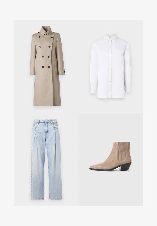 Beige dobbeltbrystet frakke i uldblanding med høj krave, sorte knapper, lige snit og sidelommer for et struktureret udseende.; Hvid linned skjorte med knapper, spidse kraver, lange ærmer og knaplukninger. Har en afslappet pasform og en glat tekstur.; Lyseblå denim jeans med høj talje, bred benåbning, to sidelommer og plisseret design. Blød tekstur med et falmet finish.; Beige ruskindsankelstøvle med spidse tæer og formeede hæle, der har lodrette syningsdetaljer på siden.