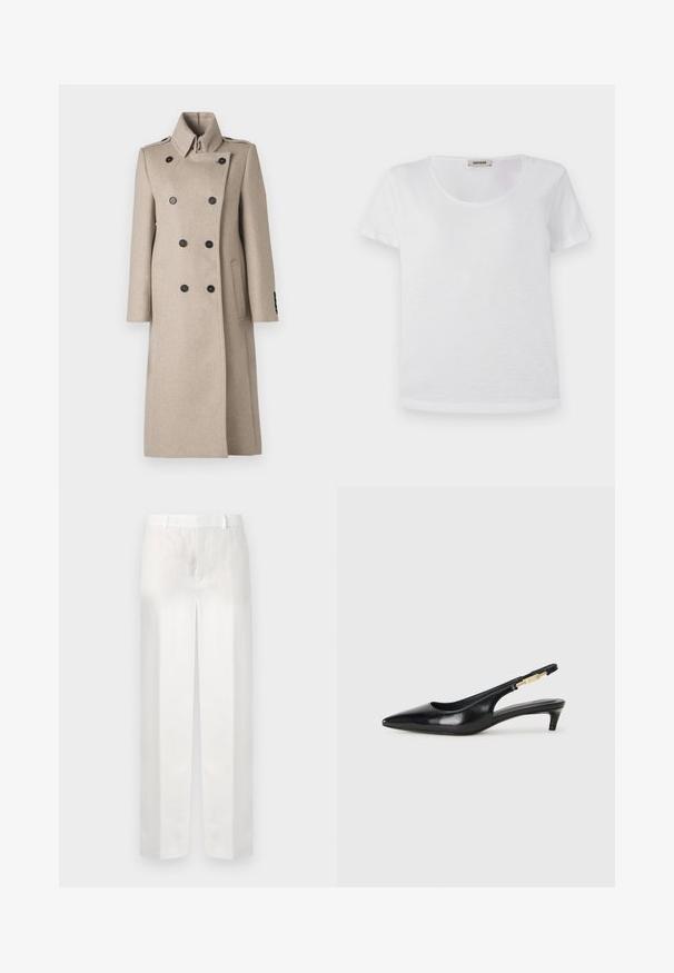 Bež plašč z dvojnim zapenjanjem iz mešanice volne, z visokim ovratnikom, črnimi gumbi, ravnim krojem in stranskimi žepi za strukturiran videz.; Bela kratka majica s kratkimi rokavi, izdelana iz mehkega blaga, z okroglim izrezom in ravnim robom, brez vidnih vzorcev ali poudarkov.; Bela lanena hlače s ravnim krojem, ki imajo raven sprednji del, zankice za pas in brez vidnih žepov, ter prikazujejo gladko, lahko teksturo.; Črne usnjene sandale na peto z ostro konico, ki imajo tanko peto in zlat ton na nastavljivem traku. Gladka tekstura.