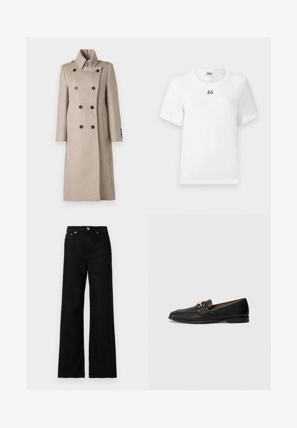 Beige dubbelzijdig gelaagd jasje van een wolmix, met een hoge kraag, zwarte knopen, een rechte snit en zijzakken voor een gestructureerde look.; Witte katoenen T-shirt met korte mouwen, met een kleine zwarte grafische afbeelding van een gezicht met hartogen en een rechte mond op de borst.; Zwarte denim jeans met een hoge taille, brede pijpen, met een voorknop en ritssluiting, en een klassiek vijf-pocket ontwerp.; Zwarte leren loafers met een gouden accentgesp, afgeronde neus, gestikte details en een platte zool voor eenvoudig draagcomfort.