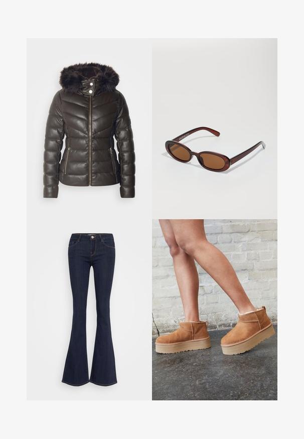 Morgan GKIDIA - Winterjacke - chocolat; Schwarzes, kurzärmeliges Rollkragenoberteil aus geripptem Stoff, mit slim fit und hohem Kragendesign. Einfaches und strukturiertes Muster.; Dunkelblaue, ausstellende Jeans mit einer schmalen Taille, vorderer Knopfverschluss, Fünf-Taschen-Design und Nahtdetails entlang der Beine.; Braune Wildleder-Stiefeletten mit einem weichen Futter, dicker beige Plateau-Sohle und einer Zuglasche auf der Rückseite. Strukturiert Oberfläche mit sichtbaren Nähdetails.; Runde, braun getönte Sonnenbrillen mit einem glänzenden burgunderfarbenen Rahmen. Schlanke Bügel mit dezentem Branding. Flaches Linsendesign.