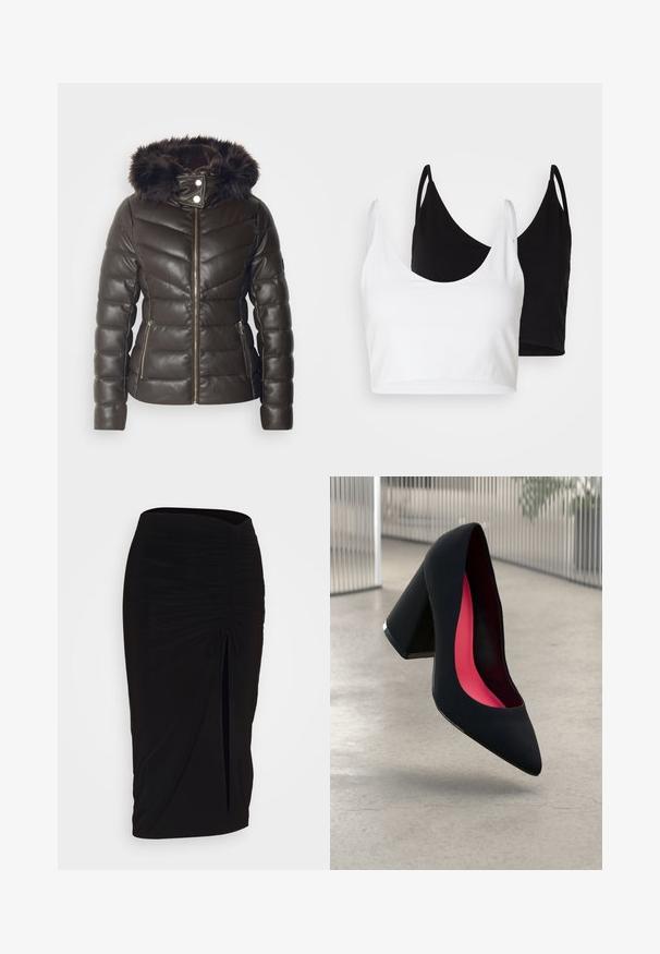 Morgan GKIDIA - Zimná bunda - chocolat; Dve bavlnené crop tops v bielej a čiernej farbe. Každý má hlboký výstrih a tenké ramienka, s hladkou, jemnou textúrou.; Čierna, riasená ceruzková sukňa s viazaním a bočným rozparkom. Vyrobená z elastického materiálu, s hladkou textúrou a priliehavým dizajnom.; Čierna lodička na vysokom opätku s špicatou špičkou, štruktúrovaným povrchom a živým ružovým interiérom. Obsahuje robustný opätok so strieborným akcentom.