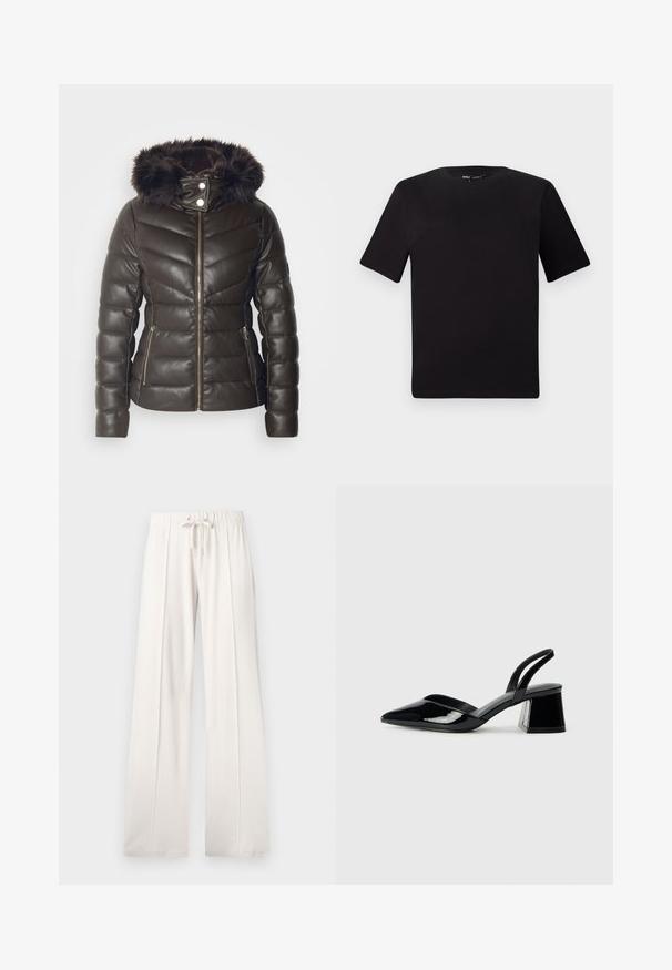 Morgan GKIDIA - Zimska jakna - chocolat; Crna majica kratkih rukava s okruglim izrezom, izrađena od mekane pamučne tkanine. Jednostavan dizajn, bez vidljivih logotipa ili uzoraka.; Svijetlosmeđi dukserice od mekanog materijala, s vezicom u struku, širokim nogavicama i vertikalnim šavovima, s glatkom teksturom.; Crne lakirane kožne sandale s otvorenom petom i špicastim vrhom, s geometrijskom blok petom. Imaju elegantan, minimalistički dizajn i glatku teksturu.