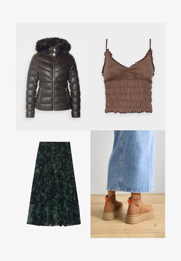 Morgan GKIDIA - Vinterjakker - chocolat; Brun cropped top lavet af blødt stof, med et shirr-design, justerbare stropper og ruflede kanter med sorte accenter.; Sort nederdel med grønt blomstermønster, med bølgende kanter og frynser. Fremstillet af letvægtsstof, som giver en flydende silhuet.; Brune ruskinds platform støvler med elastiske sidepaneler og orange trækstropper, parret med en knælang lys denimnederdel på et trægulv.