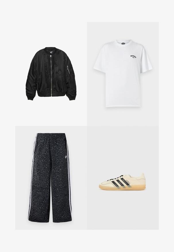 Zwarte satijnen bomberjack met voorkant rits, ribbelkraag, manchetten, zoom, twee zijzakken en een ritsvak op de mouw.; Witte katoenen t-shirt, korte mouwen, ronde hals, bevat zwart "Dickies" logo op de linkerkant van de borst. Gladde textuur, ontspannen pasvorm.; adidas Originals GRAPHIC UNISEX - Trainingsbroek - black; Lichte crèmekleurige sneaker met zwart drievoudig streepdesign, gestructureerde bovenkant, ronde neus en gumrubberen zool. Heeft veters en merklogo op de zijkant.