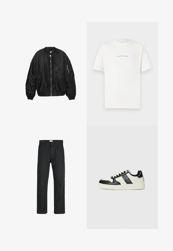 Fekete selyemfényű bombázó dzseki elöl cipzárral, bordás gallérral, mandzsettákkal és aljjal, két oldalsó zsebbel és cipzáras ujjtartó zsebbel.; Fehér pamut póló rövid ujjal és kerek nyakkal. Középre elhelyezett szöveg olvasható: "ÜDVÖZÖLJÜK A PARADICSOMBAN" íves zöld betűtípussal.; Fekete nadrág tartós anyagból, egyenes szárú kialakítással, varrott díszítésekkel és két elülső zsebbel a funkciók érdekében.; Fekete és krém színű bőrsneaker, perforált díszítésekkel, párnázott bokapánttal és texturált talppal.