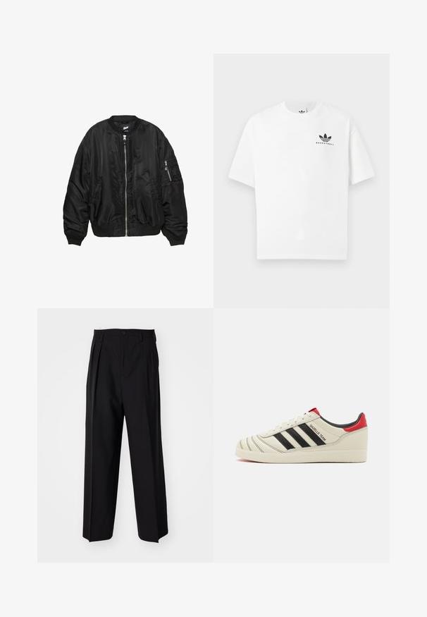 Čierna saténová bomber bunda s predným zipsom, ribbovaným golierom, manžetami a lemom, dvoma bočnými vreckami a vreckom so zipsom na rukáve.; Biela bavlnená tričko s krátkymi rukávmi, s čiernym logom "BASKETBALL" a ikonickým trojprúžkovým dizajnom na prednej strane.; Čierne skladané nohavice s rovnom, širokým strihom. Vyrobené z hladkého materiálu, s gombíkovým zapínaním a pútkami na opasok.; Krémové kožené tenisky s čiernymi pruhmi, červenými akcentmi na päte a štruktúrovanými detailmi. Obsahujú gumovú podrážku a šnurovanie.
