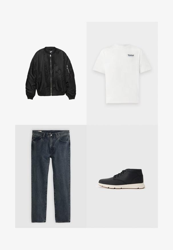 Jachetă bomber din satin negru, cu fermoar frontal, guler, manșete și tiv ribbate, două buzunare laterale și un buzunar cu fermoar pe mânecă.; Tricou alb din bumbac, cu un logo albastru brodat "Timberland Rugged Active Gear" pe partea superioară stângă a pieptului. Mâneci scurte și gât rotund.; Blugi din denim albastru închis cu un design drept, cinci buzunare și închidere cu nasture. Țesătura prezintă o decolorare subtilă și o textură.; Botoși chukka din piele neagră, cu o talpă din cauciuc alb, având șireturi rotunde și un logo embosat pe călcâi. Textură netedă pe întreaga suprafață.