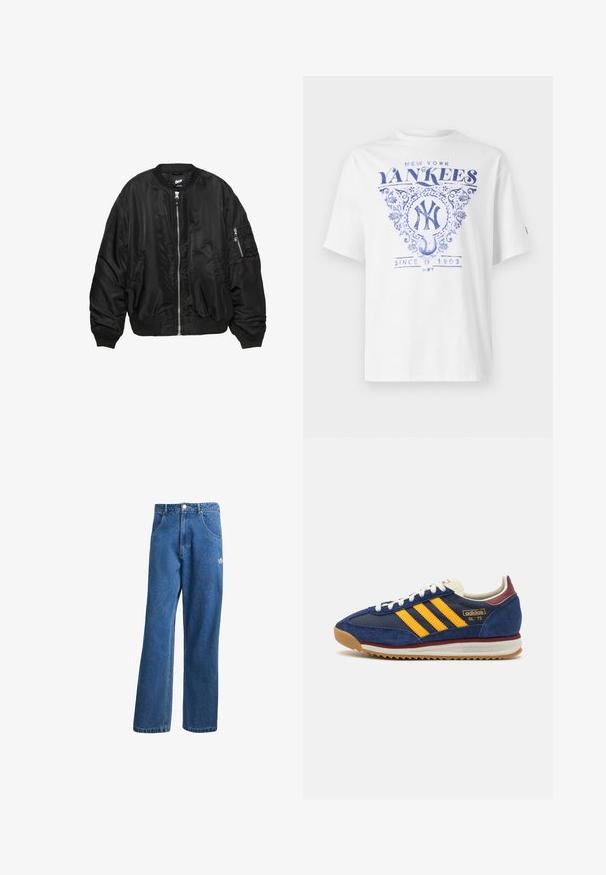 Crna satenska bomber jakna s prednjim zipom, rebrastim ovratnikom, manžetama, rubom, dva bočna džepa i džepom s patentnim zatvaračem na rukavu.; Bijela majica s kratkim rukavima s plavim printom koji prikazuje "New York Yankees", ukrasne detalje i "Od 1903." ispod grafike bejzbolske lopte.; Plave farmerke visokog struka sa širokim nogavicama, prednjim džepovima, petljama za remen, zatvaranjem na dugme i malim Adidas logotipom na desnom bedrima.; Mornarične nubuk tenisice sa žutim trakama, bijelim čipkama i burgundskim detaljima. Teksturisani đon s utorima za prianjanje. Logo brenda sa strane.