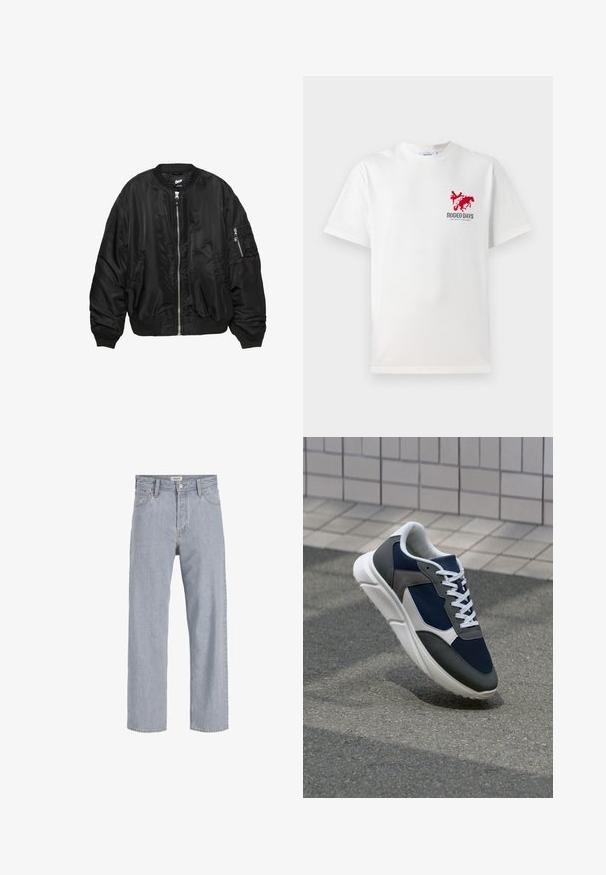 Giubbotto bomber in satin nero con zip frontale, colletto a coste, polsini a coste, fondo a coste, due tasche laterali e tasca con zip sulla manica.; T-shirt bianca in cotone con una grafica rossa di un cowboy e un cavallo sul petto a sinistra, accompagnata dal testo "RODEO DAYS" sotto il design.; Jeans in denim azzurro chiaro con vestibilità rilassata, design a gamba dritta, cuciture visibili, due tasche frontali e chiusura con bottone.; Sneaker con tomaia in rete blu navy, inserti in suede grigio, suola in gomma bianca e lacci bianchi piatti, progettata per comfort e traspirabilità.