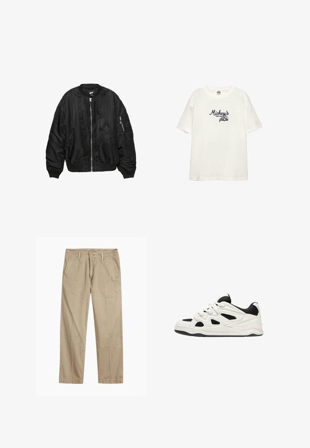 Giubbotto bomber in satin nero con zip frontale, colletto a coste, polsini a coste, fondo a coste, due tasche laterali e tasca con zip sulla manica.; T-shirt bianco di cotone con maniche corte. Presenta un testo ricamato blu navy "Mickey's" e una grafica di pizza. Collo a giro semplice.; Chinos beige a gamba dritta con passanti per cintura, chiusura frontale a bottone e zip, e tasche laterali inclinati.; Scarpe da ginnastica bianche e nere con suola testurizzata, caratterizzate da intagli sui lati e lacci, e una schiena imbottita per il supporto.