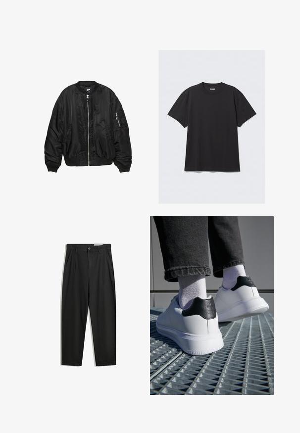 Schwarze Satin-Bomberjacke mit Frontreißverschluss, geripptem Kragen, Bündchen, Saum, zwei seitlichen Taschen und einer Reißverschlusstasche am Ärmel.; Schwarzes T-Shirt mit kurzen Ärmeln aus Baumwolle. Hat einen Rundhalsausschnitt und eine lockere Passform. Einfaches Design ohne sichtbare Muster oder Akzente.; Schwarze Baumwollhose mit lockerem Schnitt, ausgestattet mit einem klassischen Bund, vorderen Falten und Seiten taschen. Glatte Textur ohne Muster.; Weiße Sneaker mit schwarzem Fersenstab, der ein Smiley-Gesicht-Design zeigt, aus glattem Leder, flacher Gummisohle und strukturierten Details.