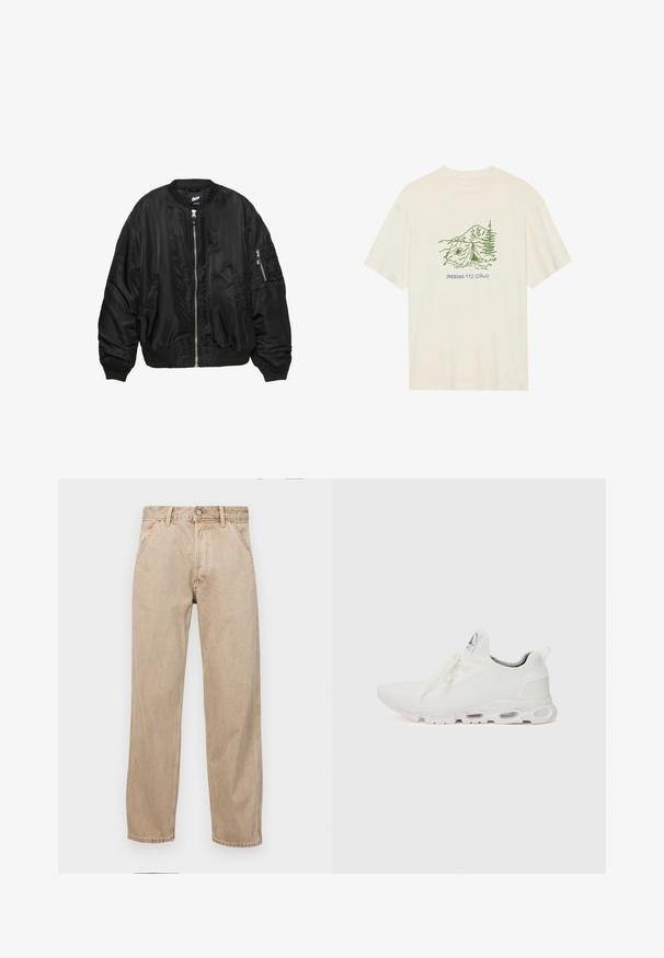 Czarna satynowa kurtka bombowca z przednim zamkiem, ściągaczem przy kołnierzu, mankietach i u dołu, dwoma kieszeniami bocznymi oraz kieszenią na rękawie zapinaną na zamek.; Kremowa bawełniana koszulka z krótkim rękawem, zdobiona zielonym wzorem związanym z obozowaniem oraz napisem "PHOENIX 112.0740".; Beżowe dżinsy o prostym kroju, z przednimi kieszeniami, metalowym zapięciem na guzik i delikatną teksturą.; Białe buty sportowe z teksturowaną cholewką z dzianiny, płaskimi sznurowadłami oraz wyściełaną podeszwą z widocznymi komorami powietrznymi dla dodatkowego wsparcia.