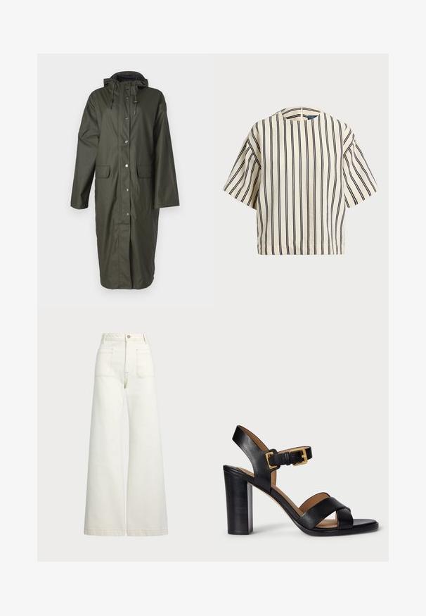 Impermeable largo color verde oliva, con capucha, botones a presión y dos bolsillos frontales. Textura suave.; Top de manga corta a rayas en crema y azul marino, con cuello redondo y un diseño cuadrado, confeccionado en una tela texturizada.; Jeans de pierna ancha en denim color blanco roto. Diseño de cintura alta con cierre de botón, dos bolsillos frontales y detalles de costura en contraste.; Sandalias de tacón de cuero negro con un diseño de tira cruzada y cierre de hebilla. Presenta un tacón grueso y una textura suave.