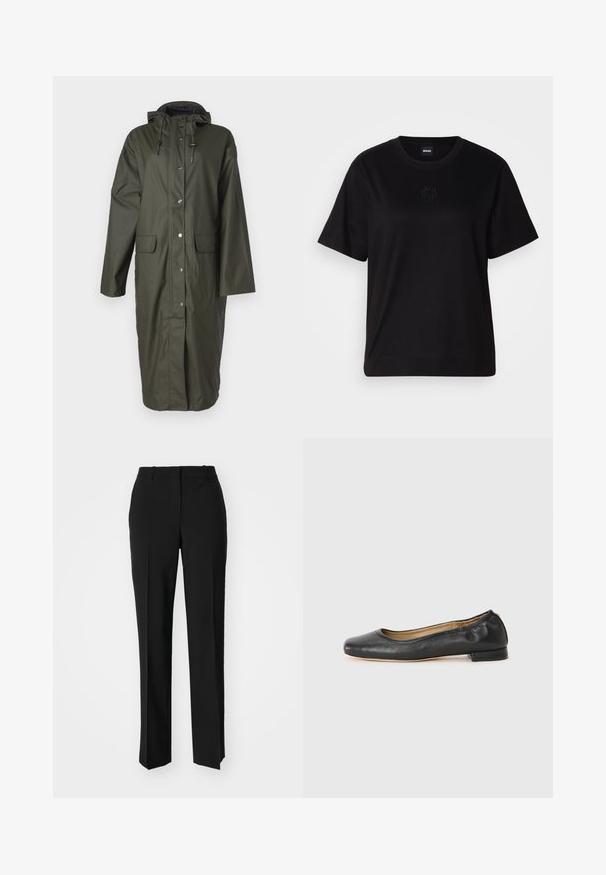 Lange olijfgroene regenjas gemaakt van waterdicht materiaal, met een capuchon, drukknoopsluiting en twee voorzakken. Gladde textuur.; Zwarte katoenen t-shirt met een ronde hals, korte mouwen en een geborduurd logo op de borst. Eenvoudige, comfortabele pasvorm zonder patronen.; Zwarte op maat gemaakte broek met een recht model, voorzien van een soepele textuur en scherpe plooien aan de voorkant. Geen zichtbare hardware.; Zwarte leren balletschoenen met een ronde neus en minimale stiknaden. Lage, rechthoekige hak en een gladde textuur. Subtiele detailvoering aan de binnenkant.