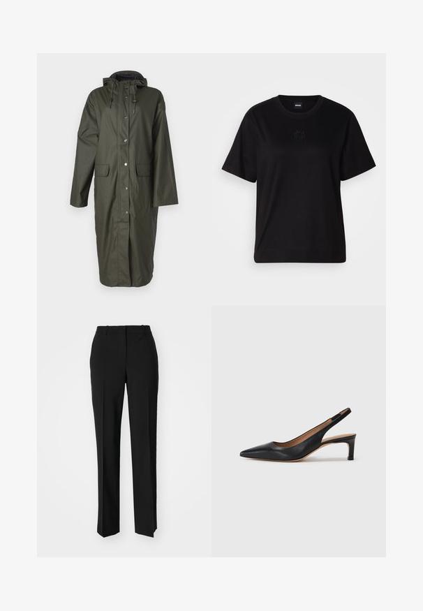 Lang olivengrønn regnfrakk laget av vanntett materiale, med hette, trykknapper og to frontlommer. Glatt tekstur.; Svart bomull T-skjorte med rund hals, korte ermer og et brodert logo på brystet. Enkel, avslappet passform uten mønstre.; Sorte skreddersydde bukser med rett silhuett, med en glatt tekstur og klare pressede bretter foran. Ingen synlig maskinvare.; Svart lær slingback pumpe med spiss tå, lav hæl og en jevn tekstur. Har en tynn justerbar stropp for en sikker passform.