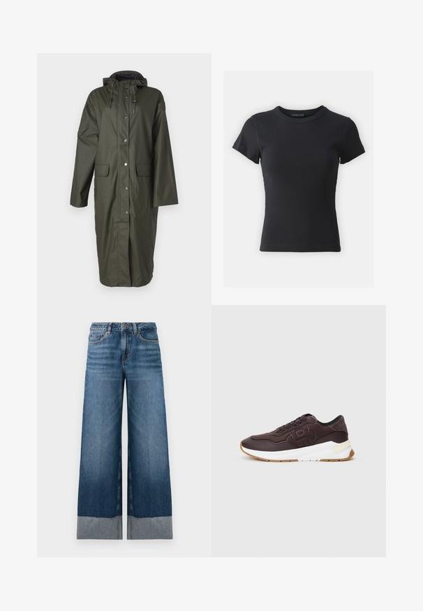 Lång olivgrön regnrock tillverkad av vattentätt material, med huva, tryckknappar och två framfickor. Slät textur.; Svart ribbad t-shirt med rund halsringning och korta ärmar, med en åtsittande silhuett och slät textur. Enkel design, utan mönster.; Vida mörkblå jeans med en gradient från mörkare till ljusare denim, med en rå kant och subtila sömnadsdetaljer. Klassisk design med fem fickor.; Mörkbruna sneakers med svart foder, präglad logotyp på sidan, vit tjock sula och gummifärgad yttersula på en enhetlig bakgrund.