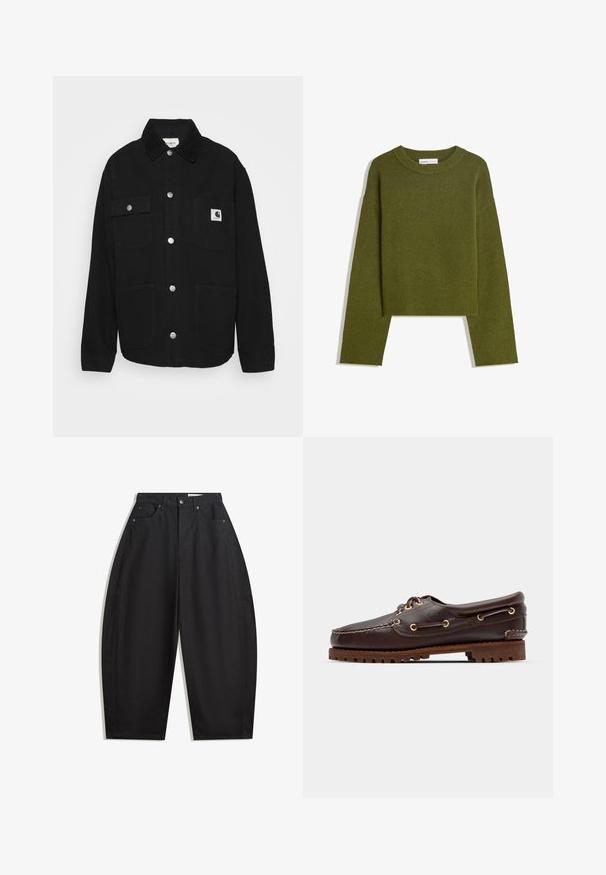 Black jacket made of sturdy fabric, featuring a collared neck, snap buttons, two chest pockets, and a logo patch on the left pocket.; Olive green knitted sweater with a round neck, long sleeves, and ribbed hem. Features a cropped design with a soft, textured finish.; Black wide-leg trousers made from cotton, featuring a high waist, five pockets, and metal button closure. Smooth texture and no visible patterns.; Brown leather boat shoe with gold eyelets, round laces, and a textured brown rubber sole. Features stitched detailing and a raised logo.