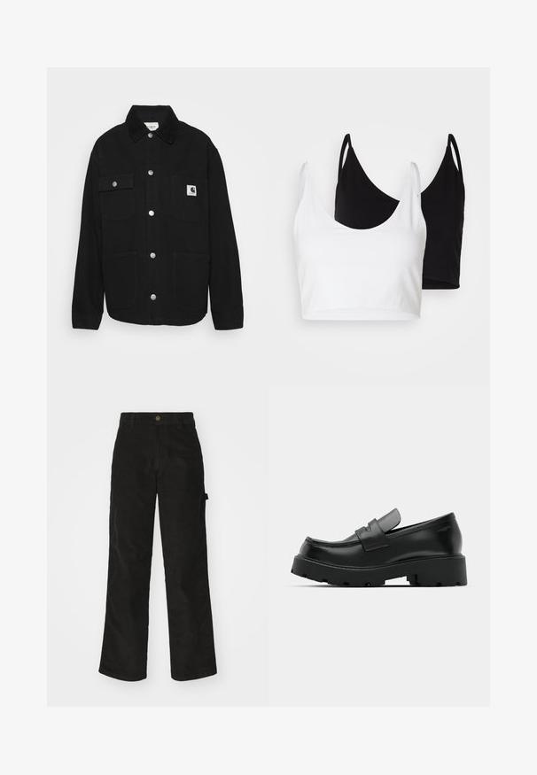 Jachetă neagră dintr-un material robust, cu guler, nasturi tip snap, două buzunare pe piept și o etichetă cu logo pe buzunarul din stânga.; Două topuri din bumbac, unul alb și unul negru. Fiecare are un decolteu adânc și bretele subțiri, având o textură netedă și moale.; Pantaloni negri din fustă cu un design drept, având închidere cu buton și buzunare laterale. Textură netedă cu dungi verticale fine.; Mocasini din piele neagră cu o talpă chunky texturată, cu o curea peste vamp și un finisaj neted și lucios.