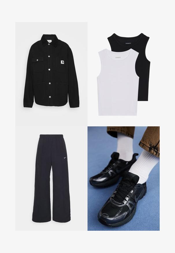 Black jacket made of sturdy fabric, featuring a collared neck, snap buttons, two chest pockets, and a logo patch on the left pocket.; Two sleeveless tops in black and white, made of ribbed cotton, featuring round necklines and a fitted design. Labels visible on both.; Black wide-leg pants with an elastic waistband and a small white Nike logo. Fabric has a smooth texture, designed for comfort and casual wear.; Black Nike sneakers with mesh and synthetic material, featuring a textured upper, black laces, and durable rubber soles. White ribbed socks visible.