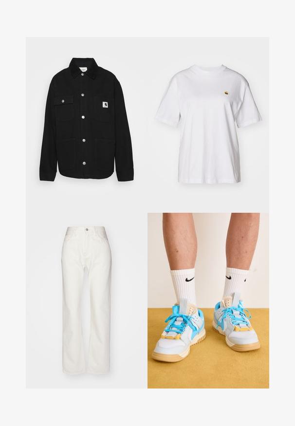 Juodas džemperis, pagamintas iš tvirto audinio, su apykakle, spaudėmis, dviem krūtinės kišenėmis ir logotipo pleistru kairėje kišenėje.; Balta medvilnė marškinėliai su laisvu sijonu, trumpomis rankovėmis ir maža siuvinėta logo kairėje krūtinės pusėje.; Balti džinsai su aukštu liemeniu ir plačiomis kojomis. Turi mygtuko ir užtrauktuko uždarymą, diržo kilpeles ir subtilius siuvinėjimo akcentus.; Šviesiai mėlynos sportbačiai su rausvais padais, turintys ryškius mėlynus raištelius ir geltonus akcentus. Tekstūruotos medžiagos ir matoma oro pagalvė.