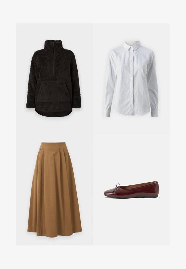 Svart fleece-pullover med hög krage, halv dragkedja framtill och kenguruficka. Mjuk, strukturerad tyg med avslappnad passform.; Vit skjorta med knappar, tillverkad av mjuk bomull, med klassisk krage, långa ärmar och en böjd fåll. Knapparna är små och vita.; Brun bomull A-linje kjol med hög midja, med veck ned längs framsidan och en mjuk textur. Sömmen är ren och enkel.; Burgunderfärgad lackläderballettskor med rund tå, liten rosettdekoration fram och en låg, svart gummisula. Slät textur.