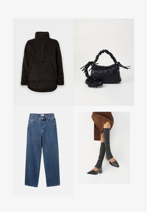 Čierny fleece pulover s vysokým golierom, polovičným zipsom vpredu a klokankovou kapsou. Mäkká, textúrovaná tkanina s voľným strihom.; Biela košeľa s gombíkmi vyrobená z hladkej bavlny, s klasickým golierom, dlhými rukávmi a zakriveným lemom. Gombíky sú malé a biele.; Klasické modré džínsy z denimu so strihom rovného strihu, piatimi vreckami a zapínaním na gombík. Majú stredné praním a pevnú textúru.; Čierne lakované kožené topánky s špicatou špičkou, blokovým podpätkom a členkovým remienkom, ktoré sú kombinované so šedými rebrovanými legínami a hnedou zamšovou sukňou.; Čierna umelá kožená kabelka s kroko vzorom, sťahovaným vrchom a zhnutým popruhom. Vyzerá mäkko a kompaktné v dizajne.