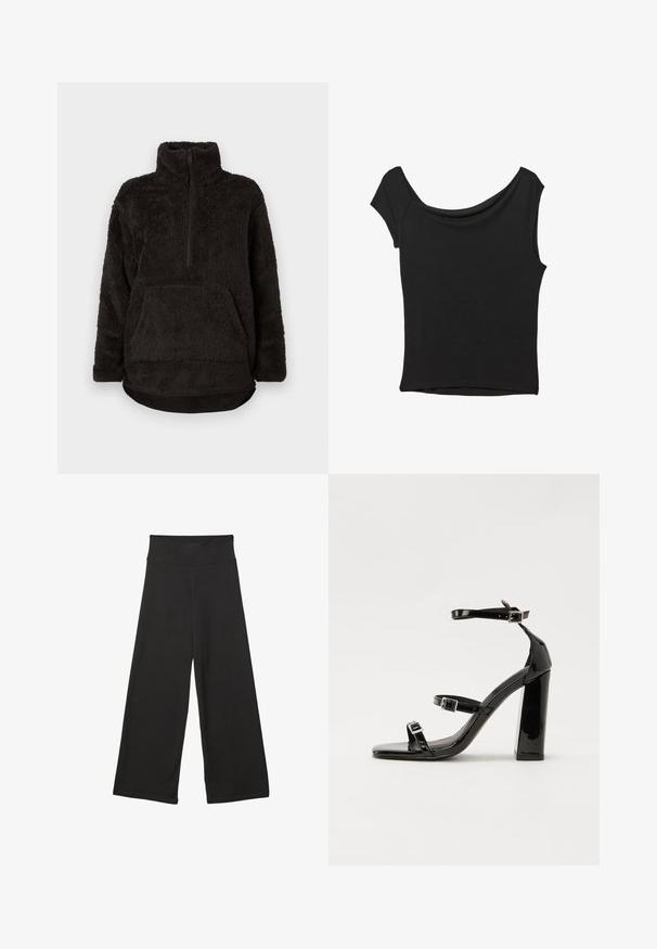 Czarny polarowy pulower z wysokim kołnierzem, pół-zamkiem z przodu i kieszenią kangurką. Miękka, teksturowana tkanina o luźnym kroju.; Czarna bluzka z krótkim rękawem, wykonana z gładkiego materiału; posiada dekolt w stylu drapowanym oraz asymetryczny dół, z dopasowanym krojem.; Czarne spodnie szerokie z nogawkami, wyposażone w wysoki elastyczny pas, wykonane z miękkiego materiału i luźnym kroju, idealne do codziennego noszenia lub w luźniejszych okolicznościach.; Czarne lakierowane sandały na obcasie z kwadratowym noskiem, z paskami wokół kostki i srebrnymi klamrami. Posiadają masywny słupek dla stabilności.