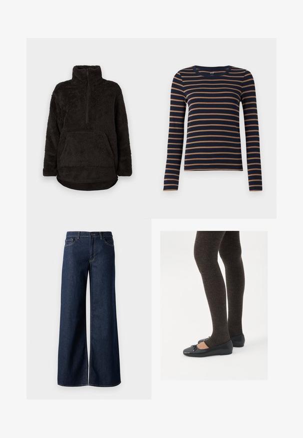 Sudadera de felpa negra con un cuello alto, cierre de media cremallera en el frente y un bolsillo tipo canguro. Tejido suave y texturizado con un ajuste relajado.; Camisa de manga larga azul marino con rayas horizontales marrones y un cuello redondo, exhibida sobre un fondo blanco.; Jeans de pierna ancha en denim azul oscuro. Presenta costuras en contraste, cinco bolsillos y un cierre de botón en la cintura. Textura suave.; Zapatos planos negros con un pequeño lazo en la punta, combinados con medias de punto en marrón oscuro. Los zapatos tienen una textura suave y un perfil bajo.