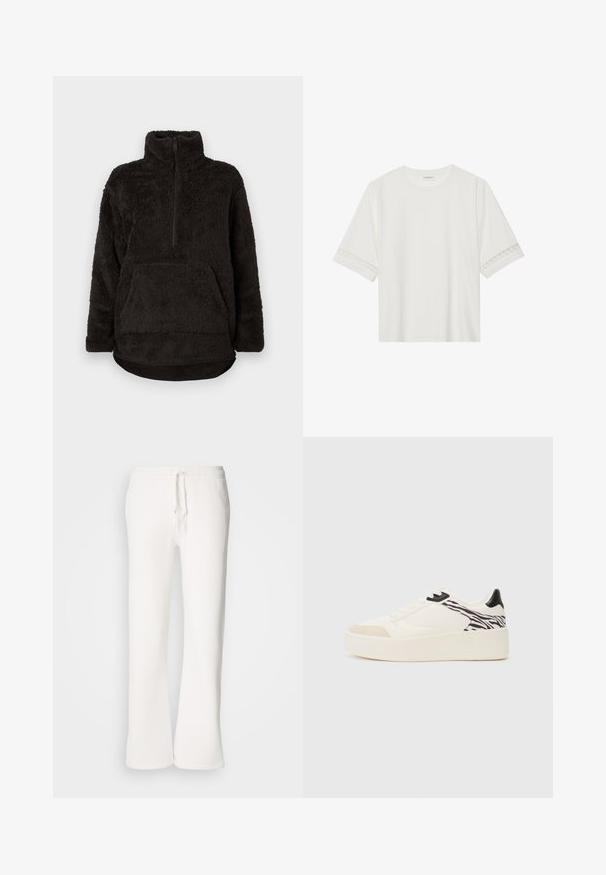 Sudadera de felpa negra con un cuello alto, cierre de media cremallera en el frente y un bolsillo tipo canguro. Tejido suave y texturizado con un ajuste relajado.; Camiseta blanca de manga corta hecha de algodón, con un ribete decorativo de encaje en las mangas y un escote redondo.; Pantalones de chándal blancos de corte relajado, fabricados en una tela suave, con una cintura elástica y cordón ajustable, y diseño de pierna recta.; Even&Odd Zapatillas - white/black