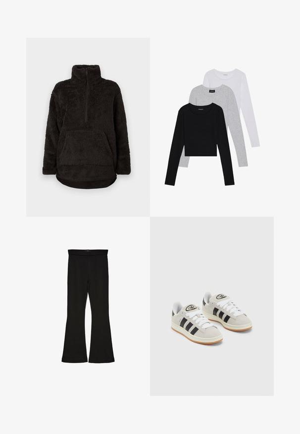 Pull à col montant en polaire noir, avec un zip avant à mi-hauteur et une poche kangourou. Tissu doux et texturé avec une coupe décontractée.; Trois hauts à manches longues empilés : noir, gris et blanc. Chacun a un col rond et un design court avec un tissu lisse et léger.; Leggings évasés noirs en tissu extensible. Présentent une taille large et une texture lisse, avec une coupe ajustée qui s'évasent au bas.; Baskets en suède gris avec des lacets blancs, des rayures noires et une semelle en caoutchouc blanc. Présentent un logo circulaire sur la languette et une semelle en gomme.