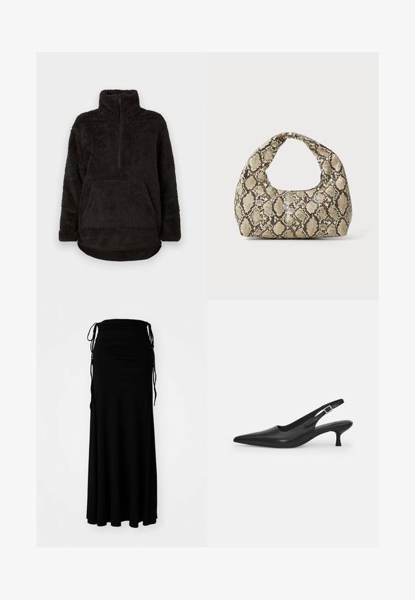 Černý fleecový pulovr s vysokým límcem, předním zipem do půlky a klokankovou kapsou. Měkká, texturovaná tkanina s uvolněným střihem.; Černý dlouhý rukáv rolák. Měkká tkanina, slim fit design, vysoký límec a boční švy. Jednoduchý a univerzální styl vhodný na vrstvení.; Černé šaty ke kotníkům vyrobené z měkké, elastické látky s nařaseným korzetem a nastavitelnými stahovacími šňůrkami po stranách, vytvářejícími splývavý siluet.; Černá kožená nazouvací bota se špičatou špičkou a štíhlým zakřiveným podpatkem. Obsahuje diskrétní nastavitelný pásek s kovovou sponou.; Kabelka s hadím vzorem a zakřiveným držadlem. Vyrobena z texturovaných béžových a hnědých materiálů, s charakteristickým diamantovým vzorem.