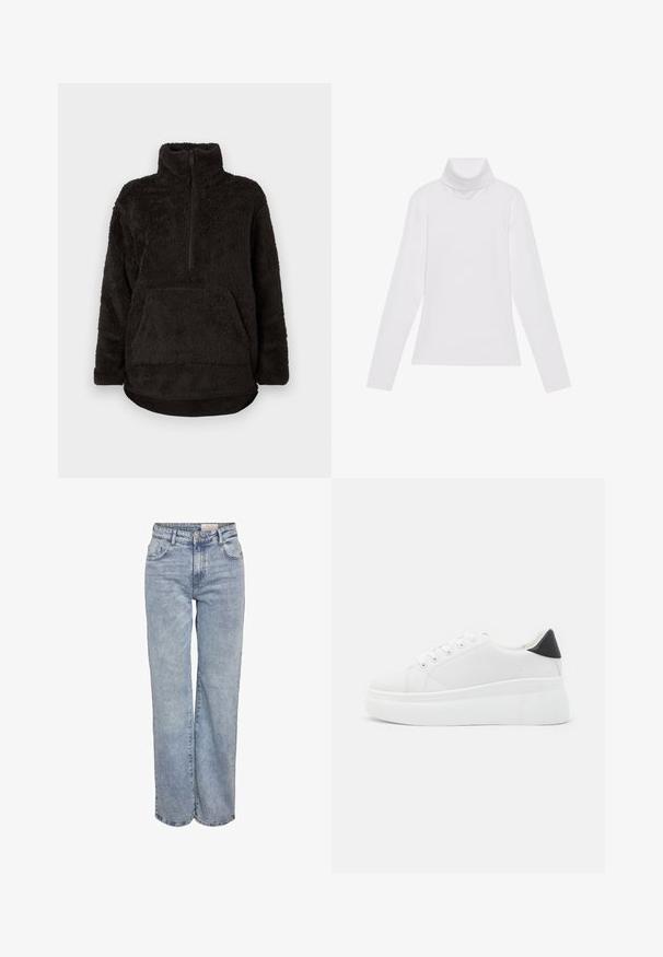 Pulover din fleece negru cu guler înalt, fermoar pe jumătate în față și buzunar tip cangur. Material moale, texturat, cu o croială lejeră.; Tricou alb cu mâneci lungi și guler înalt, realizat dintr-un material neted și elastic. Dispune de un design ajustat, fără modele vizibile sau embellishments.; Jeans din denim, de un albastru deschis, cu croială largă, talie înaltă, design cu cinci buzunare și o ușoară decolorare pentru un aspect purtat.; Adidași albi cu platformă, fabricați din material sintetic neted, cu vârf rotund, design cu șireturi și talpă din cauciuc texturat. Accente negre la călcâi.