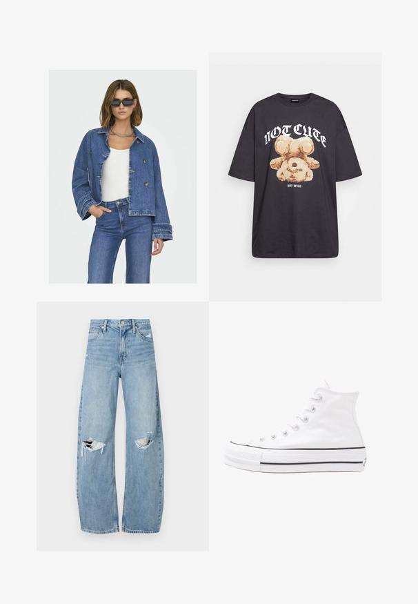 Kokvilnas jaka ar īsu dizainu, gaiši zilā krāsā, ar dubultām pogām un platām piedurknēm. Kombinēta ar baltu topu un ziliem džinsiem.; Melna, pārmērīga t-kreklu, kurā attēlots lācis ar uzrakstu "NAV MIERĪGS, BET VILKIS" treknos baltos burtiem. Izgatavots no kokvilnas materiāla.; Gaiši zili, augstās vidukļa džinsi, kas izgatavoti no denima. Iespējas plašas kājas, divas plēstas ceļa daļas un klasiskā piecu kabatu dizains.; Balti augstie kanvas sporta apavi ar melnu gumijas zoli, priekšējo gumijas purngalu un sešām acīm lencēm, kuriem ir tīrs, minimālistisks dizains.