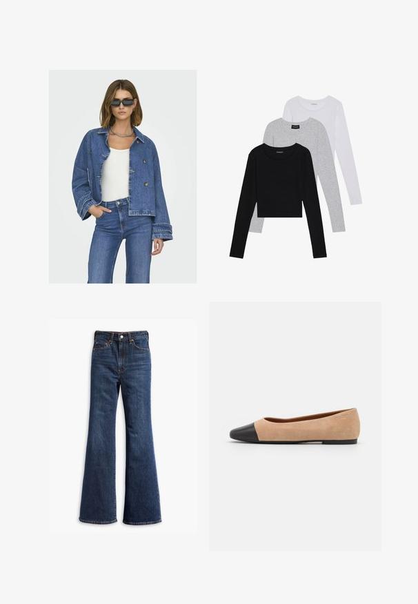 Jachetă din denim cu un design scurtat, de culoare albastru deschis, cu nasturi dublu încheiați și mâneci largi. Asortată cu un top alb și blugi albaștri.; Trei bluze cu mânecă lungă așezate: neagră, gri și albă. Fiecare are un guler rotund și un design scurt, realizat dintr-un material fin și ușor.; Jeans din denim dark blue, cu talie înaltă, picioare evazate, închidere cu buton și fermoar în față, și design cu cinci buzunare.; Baletă din suede bej cu vârf rotund din piele neagră, toc jos și textură netedă, având cusături minime și un design curat.