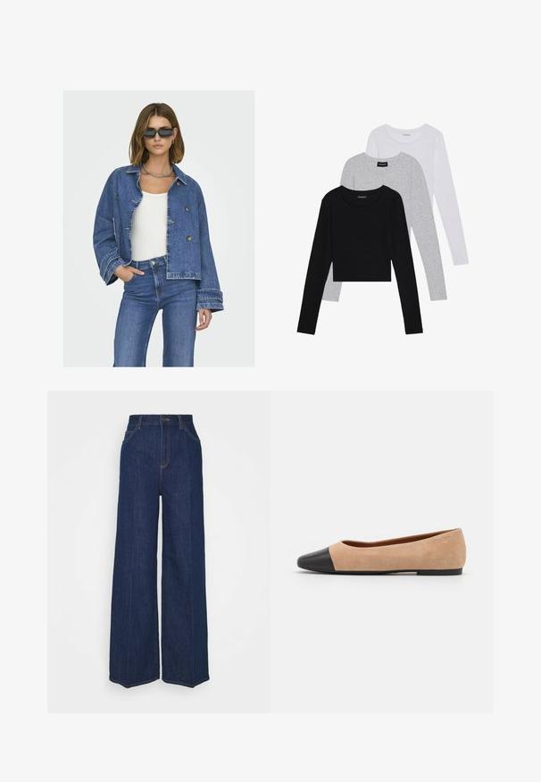 Denim jacket with a cropped design, light blue color, double-breasted buttons, and wide sleeves. Paired with a white top and blue jeans.; Three long-sleeve tops stacked: black, grey, and white. Each has a round neckline and a cropped design with smooth, lightweight fabric.; High-waist wide-leg dark blue denim jeans with front and back pockets, button closure, and visible stitching details.; Beige suede ballet flat with a black leather rounded toe cap, low heel, and smooth texture, featuring minimal stitching and a clean design.