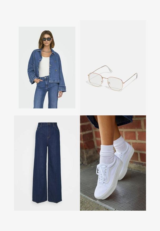 Denimska jakna s skrajšanim dizajnom, svetlo modre barve, z dvema vrstama gumbov in širokimi rokavi. V kombinaciji z belo majico in modrimi kavbojkami.; Tri dolga rokava zložena: črna, siva in bela. Vsaka ima okroglo izreznico in skrajšan dizajn z gladkim, lahkotnim materialom.; Temno modri džins s širokimi nogavicami in visokim pasom, z žepi spredaj in zadaj, gumbom za zapiranje in vidnimi šivi.; Beli platneni športni čevlji z gumijastimi podplati, s šestimi luknjicami za vezalke, okroglo konico in svetlimi šivi, v kombinaciji z belimi gležnjački nogavicami.; Pravilno uokvirjene očale z debelim, rožnatim zlatim kovinskim okvirom. Jasni leči, prozorne ročice in nežen detajl okoli leč.