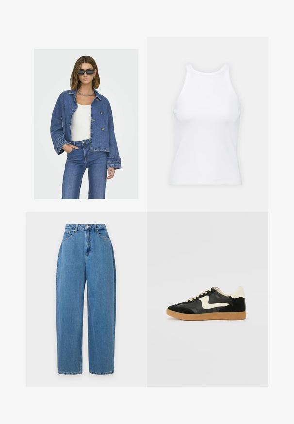 Denim jack met een cropped ontwerp, lichtblauwe kleur, dubbele knopen en brede mouwen. Gecombineerd met een witte top en blauwe jeans.; Witte mouwloze tanktop van ribstof, met een ronde halslijn en een aansluitende pasvorm, met minimale naden en zonder versieringen.; Lichtblauwe denim broek met een recht gesneden fit, hoge taille en voorste knoopsluiting. Heeft vijf zakken en minimale stikdetails.; Zwarte suède en leren sneaker met een crèmekleurige zij-swoosh en lichte crèmekleurige hiel. Voorzien van beige veters en een gumrubberen zool.