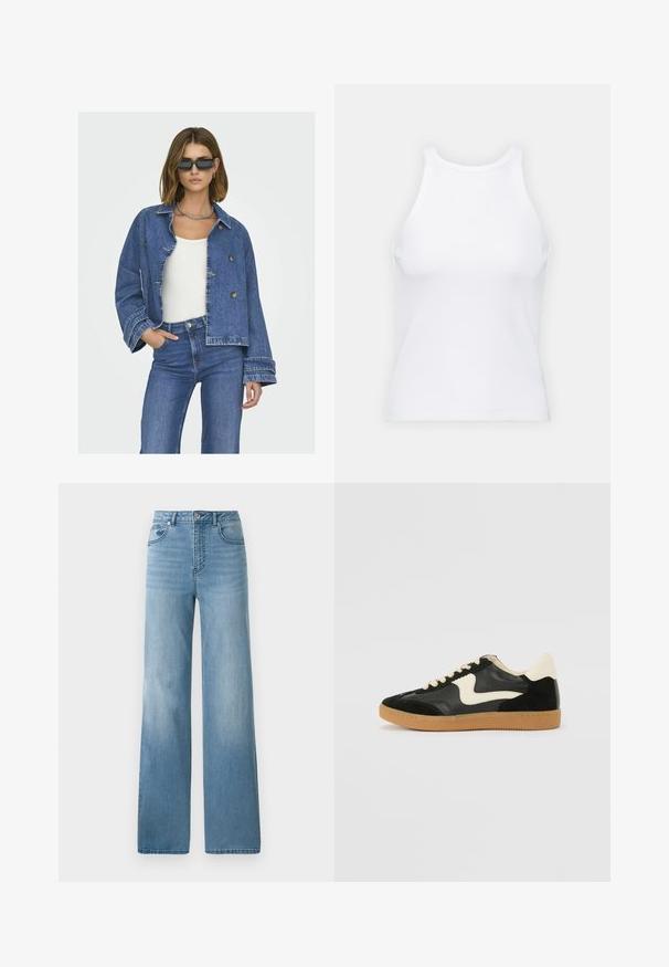 Denim jack met een cropped ontwerp, lichtblauwe kleur, dubbele knopen en brede mouwen. Gecombineerd met een witte top en blauwe jeans.; Witte mouwloze tanktop van ribstof, met een ronde halslijn en een aansluitende pasvorm, met minimale naden en zonder versieringen.; Lichtblauwe high-waisted jeans met een rechte pasvorm. Gemaakt van denim, met vijf zakken en een knoopsluiting.; Zwarte suède en leren sneaker met een crèmekleurige zij-swoosh en lichte crèmekleurige hiel. Voorzien van beige veters en een gumrubberen zool.