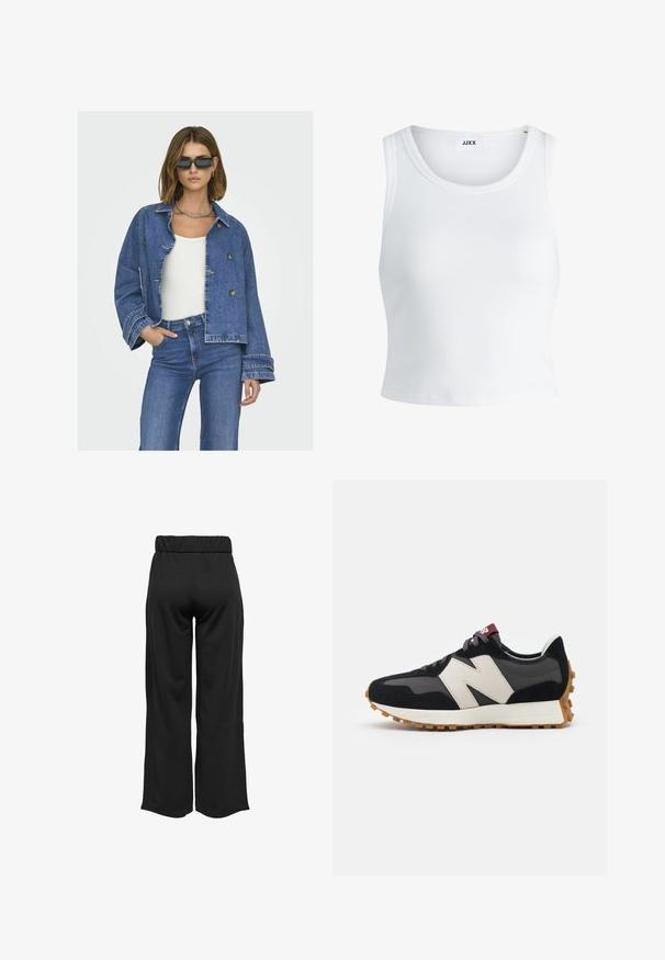 Jeansjacke mit einem cropped Design, hellblauer Farbe, doppelreihern Knöpfen und weiten Ärmeln. Kombiniert mit einem weißen Oberteil und blauen Jeans.; Weißes, geripptes Tanktop mit rundem Halsausschnitt, ärmellosem Design und kurzer Länge. Das Etikett trägt die Aufschrift "JJXX". Glatte Stoffstruktur.; Schwarze, weit geschnittene Hose mit elastischem Bund, aus glattem Stoff gefertigt. Hat ein cleanes Design ohne Taschen oder sichtbare Nähte.; Schwarze und graue Wildledersneaker mit einem großen cremefarbenen "N"-Logo, lila Schnürsenkeln und einer strukturierten Gummisohle.