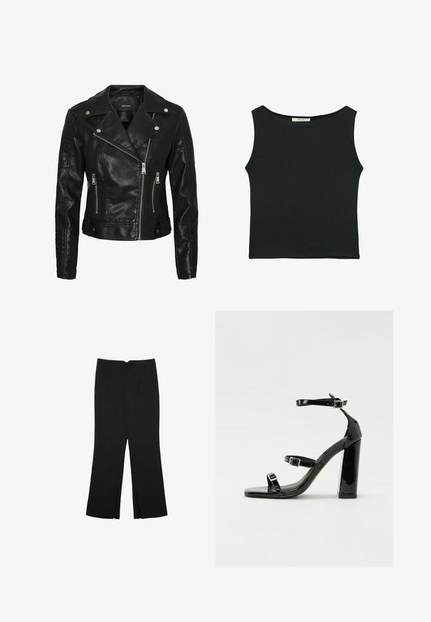 Čierna kožená bikerská bunda s diagonálnym zipsom, patentkami a vertikálnym prešívaním na rukávoch. Značka: Vero Moda.; Čierny bezrukávový top vyrobený z hladkej tkaniny, s okrúhlym výstrihom a priliehavým strihom bez viditeľných vzorov alebo ozdôb.; Čierne nohavice so strihom rovného strihu, s prednými vreckami a bočnými rozparkami na leme. Vyrobené z mäkkej, hladkej tkaniny. Vhodné na rôzne príležitosti.; Čierne lakované sandále na podpätku so štvorcovou špičkou, navlečenými remienkami okolo členku a striebornými prackami. Disponujú masívnym blokovým podpätkom pre stabilitu.