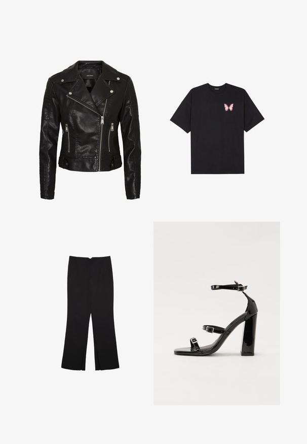 Schwarze Leder-Bikerjacke mit einem schrägen Reißverschluss, Druckknöpfen und vertikalen Nähten an den Ärmeln. Markenlabel: Vero Moda.; Schwarzes Baumwoll-T-Shirt mit kurzen Ärmeln, das ein kleines pinkes Schmetterlingsmotiv auf der linken Brust zeigt. Crewneck-Design mit einem entspannten Schnitt.; Schwarze Hose mit geradem Schnitt, ausgestattet mit Fronttaschen und Seitenschlitzen am Saum. Hergestellt aus weichem, glattem Stoff. Geeignet für verschiedene Anlässe.; Schwarze patentierte Sandalen mit Absatz, quadratischer Spitze, Knöchelriemen und silbernen Schnallen. Mit einem stabilen Blockabsatz für mehr Stabilität.
