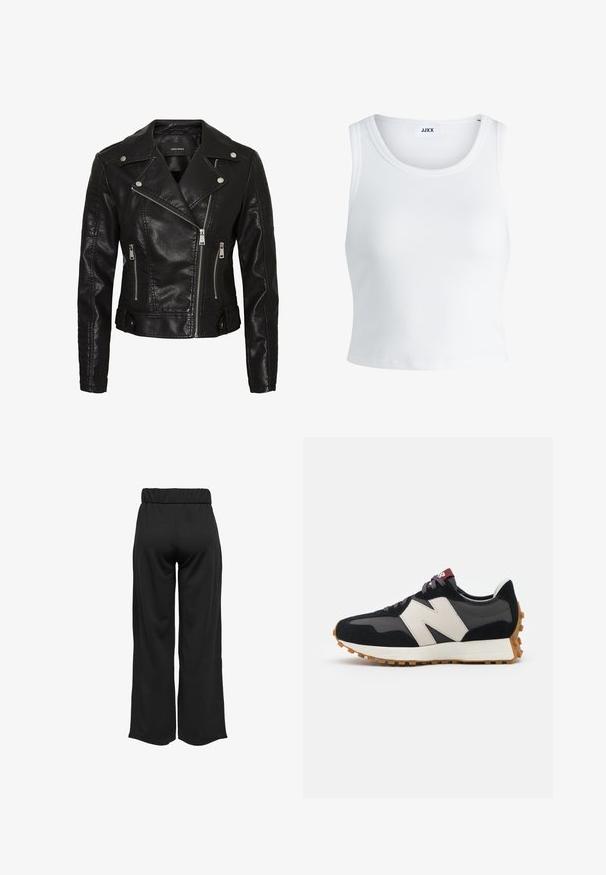 Mustmust must-beekatiga must-bikeri jope, millel on diagonaalne tõmblukk, nööbid ja vertikaalsed õmblused varrukatel. Brändi silt: Vero Moda.; Valge ribakujuline tank top, millel on ümmargune kaelus, varrukateta disain ja lühike pikkus. Silt ütleb "JJXX." Sile kangast tekstuur.; Mustad, laiad püksid elastse vöökohtaga, valmistatud siledast kangast. Omab lihtsat disaini, ilma taskute või nähtavate õmbluste detailideta.; Mustmust ja halli nubukist tennisajal on suur kreemjas "N" logo, lilla paelad ja tekstureeritud kummist välispohja.