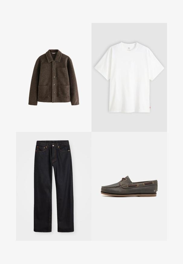 Giacca in lana marrone con colletto, due tasche frontali e chiusure a bottone. Presenta una finitura testurizzata e un design a taglio dritto.; T-shirt bianco a maniche corte in cotone con collo rotondo. Presenta un discreto dettaglio logo in rilievo sulla parte frontale e un'etichetta rossa sull'orlo.; Jeans neri in denim dritto da uomo con cinque tasche e cuciture arancioni, chiusura con bottone e zip sulla vita anteriore.; Scarpa da barca in pelle marrone scuro con profilo basso, caratterizzata da occhielli in ottone e cuciture a contrasto, suola in gomma flat e finitura texturizzata.