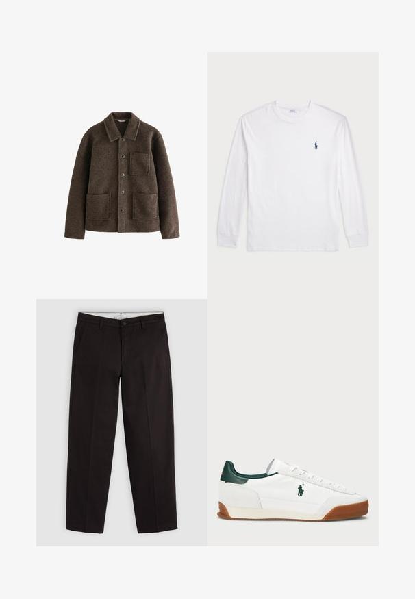 Brūns vilnas žakets ar apkakli, divām priekšējām kabatām un pogu aizdari. Iespējota teksturēta apdare un taisna griezuma dizains.; Baltas garām piedurknēm T-krekls, izgatavots no kokvilnas. Tam ir apaļa kakla izgriezne, ribotas piedurknes un neliels tumši zilas polo logo kreisajā krūtī.; Melnas taisnās kājas chinos bikses ar jostu cilpiņām, pogu aizdari un sānu kabatām, izstādītas uz gaiši pelēka fona.; Baltas sporta apavi ar zaļiem ādas akcentiem un brūnu gumijas zoli. Iezīmēts ar auduma virsmu un izteiktu logotipu sānos. Ar auklām.