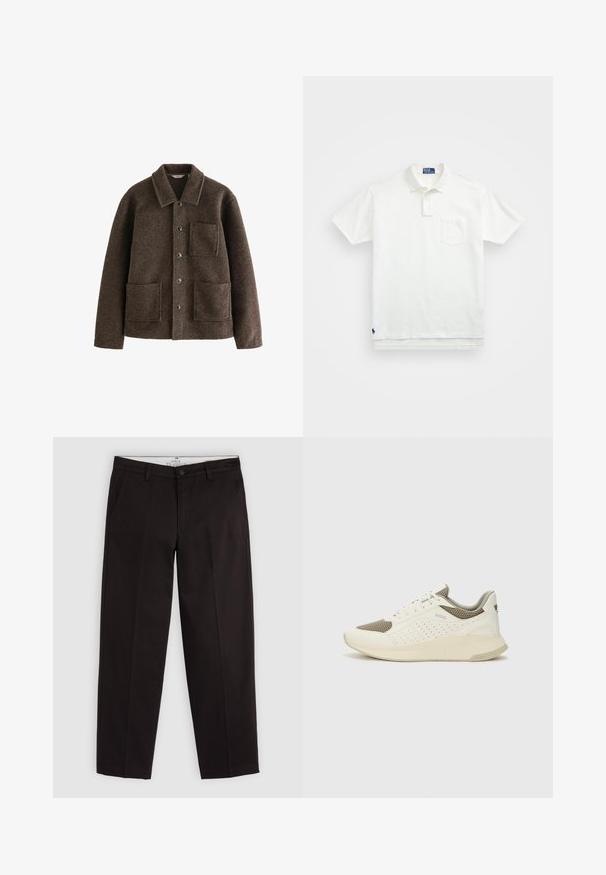 Bruine wollen jas met een kraag, twee voorzakken en knoopsluitingen. Heeft een textuurfinish en een rechte snit.; Witte poloshirt van katoen, met een klassieke kraag, een knoopsluiting met drie knopen en een borstzak aan de linkerkant; klein logo aan de onderrand.; Zwarte rechte chino's met riemlussen, knoopsluiting en zijzakken, weergegeven op een lichtgrijze achtergrond.; Witte en lichtbeige sport sneaker, met een bovenwerk van mesh, geperforeerde details en een gestructureerde tussenzool met branding op de hiel.
