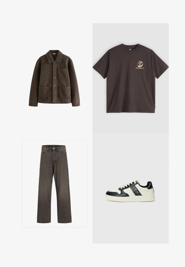 Brown wool jacket with a collar, two front pockets, and button closures. Features a textured finish and a straight cut design.; Dark brown cotton t-shirt with short sleeves, featuring a gold logo design on the left chest and a red tab on the side hem.; Wide-leg jeans in dark grey denim, featuring a high waist, classic five-pocket design, and contrasting stitching along the seams.; Leather sneakers with a black and cream color scheme, featuring perforated accents, a padded collar, and a textured outsole.